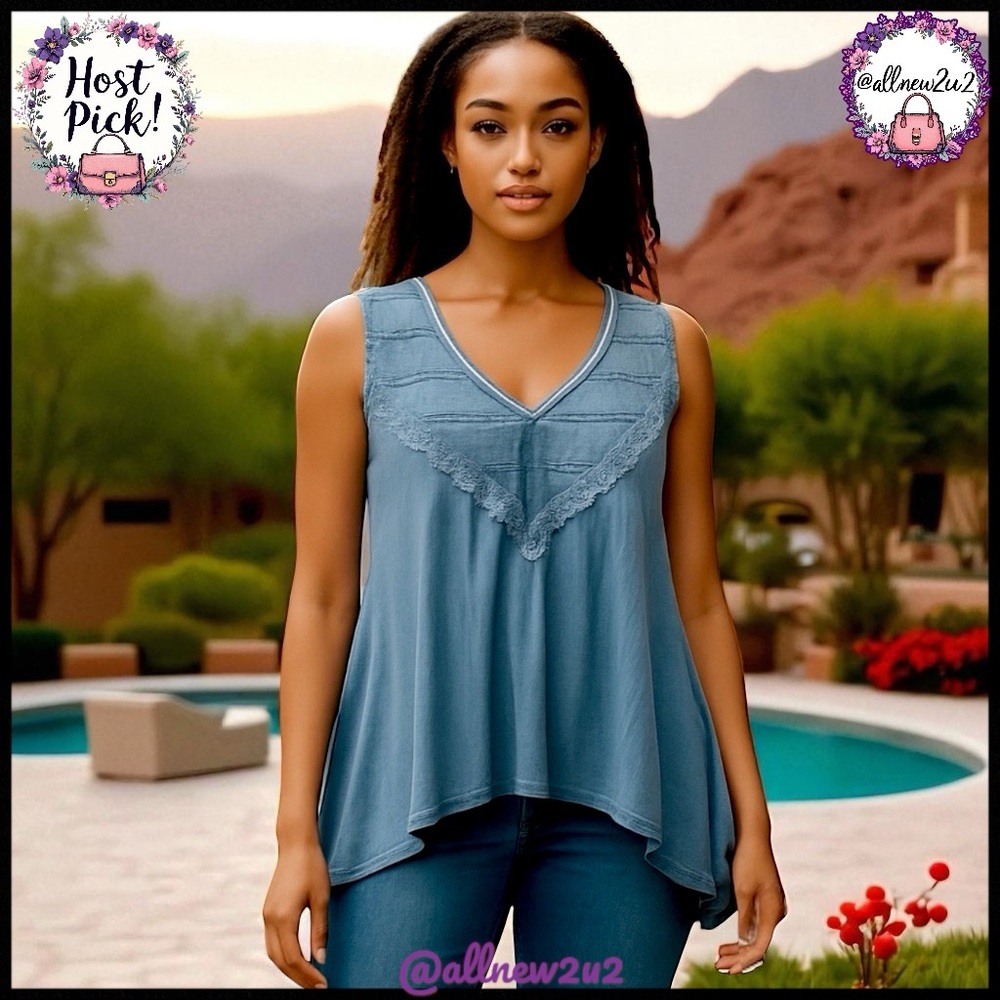 Free People Blue Lace Trim Women's Top